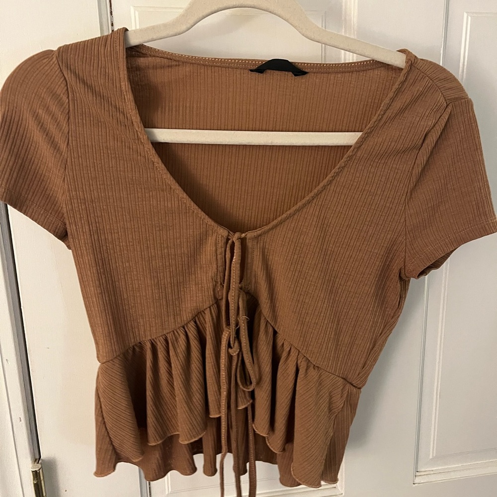 Brown Ribbed Short Sleeve Top